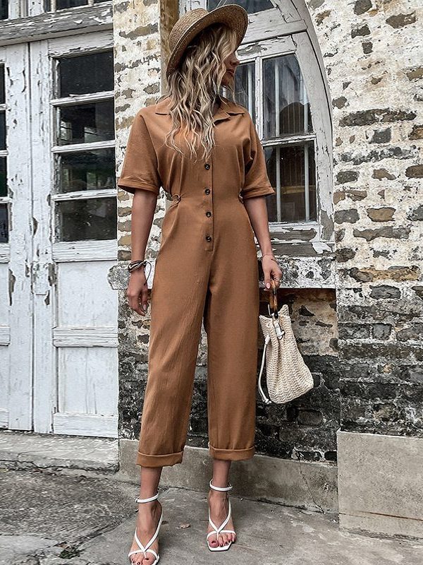 Casual Solid Color Single-Breasted Lapel Mid-Sleeve Jumpsuit - Jumpsuits & Rompers - Uniqistic.com