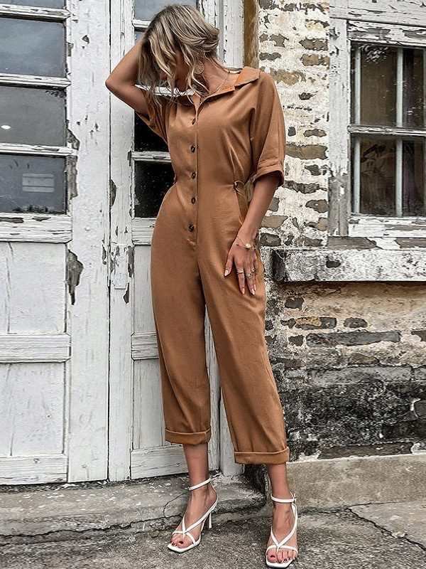 Casual Solid Color Single-Breasted Lapel Mid-Sleeve Jumpsuit - Jumpsuits & Rompers - Uniqistic.com