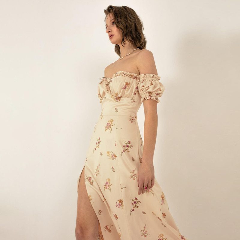 Floral Off Shoulder Puff Sleeve Lace Up Side Split Mid-Calf Dress in Dresses