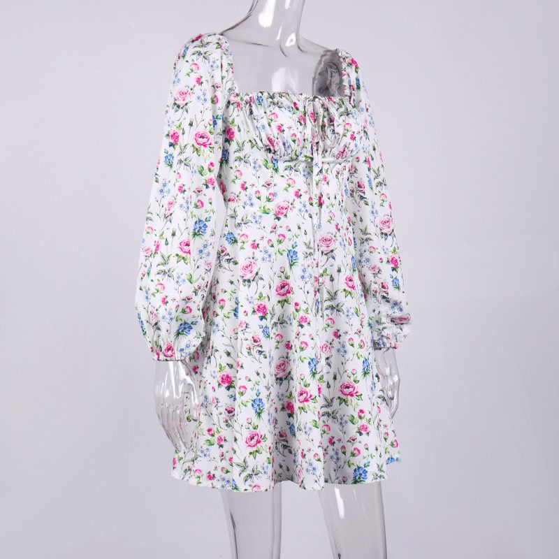 Floral Lantern Long Sleeve Ruched Print A Line Square Neck Tie up Mini Dress in Dresses