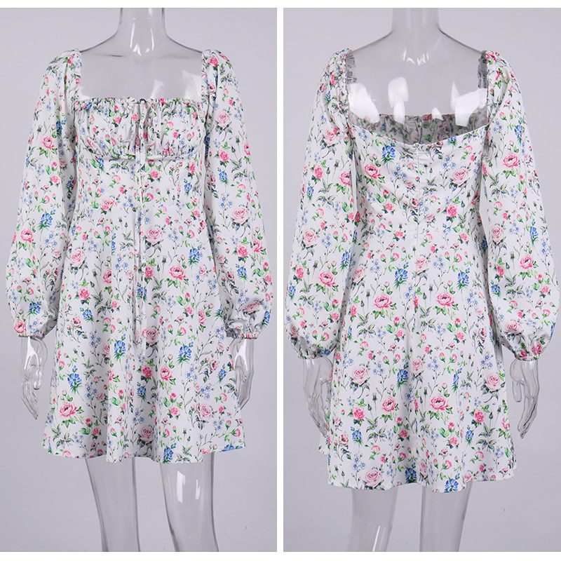 Floral Lantern Long Sleeve Ruched Print A Line Square Neck Tie up Mini Dress in Dresses