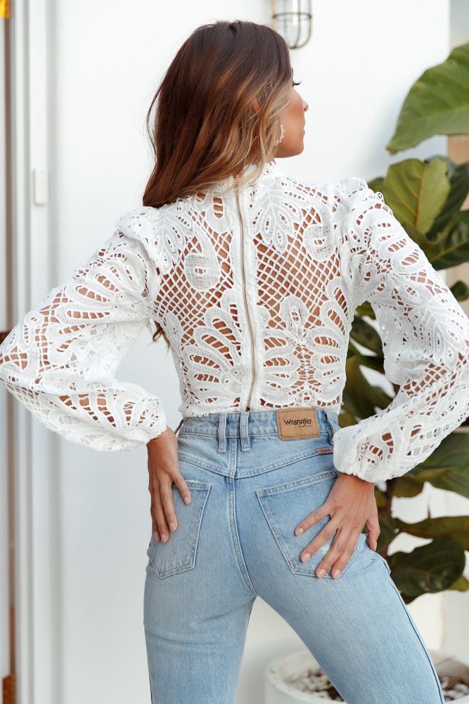 Long Sleeve Lace White Hollow Out Turtleneck Cropped Blouse Shirt in Blouses & Shirts