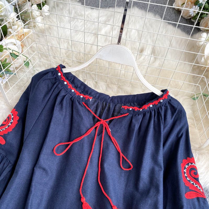 Retro Embroidered Lace-Up Tassel V-Neck Lantern Sleeve Loose Blouse Shirt in Blouses & Shirts