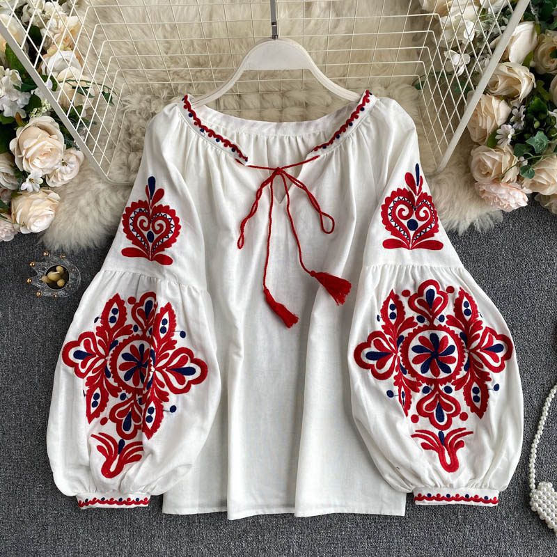 Retro Embroidered Lace-Up Tassel V-Neck Lantern Sleeve Loose Blouse Shirt in Blouses & Shirts