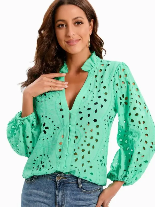 Lace hollow out embroidery white blue green rose pink blouse shirt