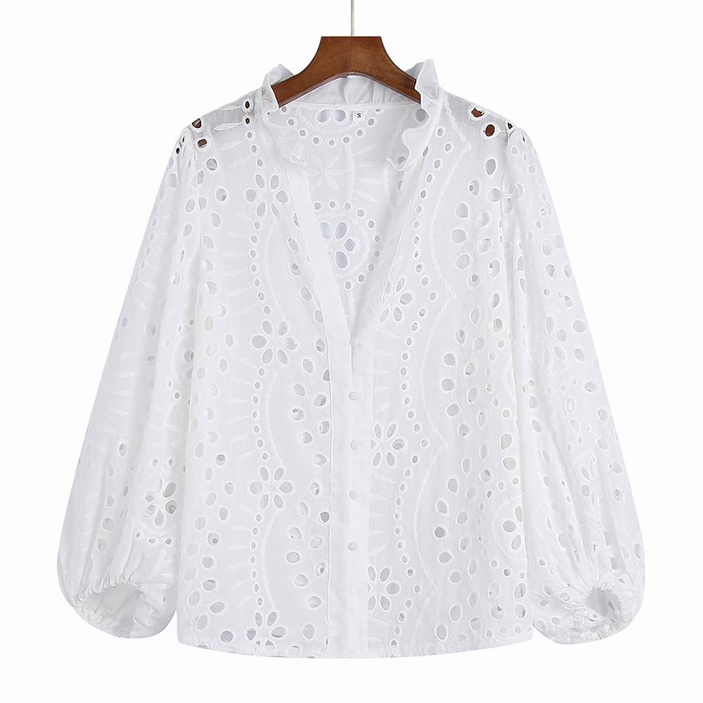 Lace Hollow Out Embroidery White Blue Green Rose Pink Blouse Shirt in Blouses & Shirts