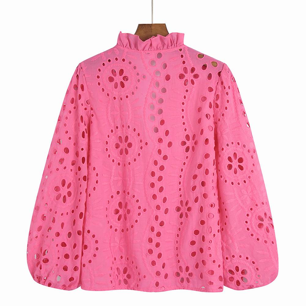 Lace Hollow Out Embroidery White Blue Green Rose Pink Blouse Shirt in Blouses & Shirts
