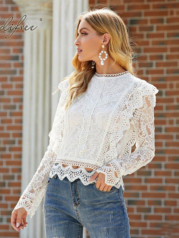 White Lace Long Sleeve Hollow Out Vintage Ruffle Blouse Shirt Top in Blouses & Shirts
