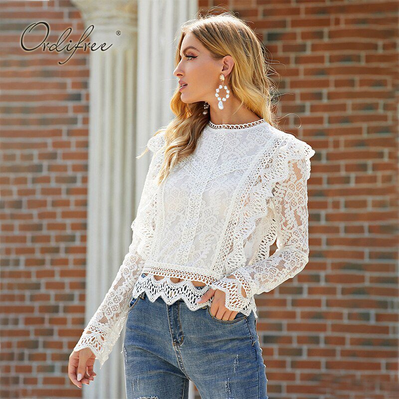 White Lace Long Sleeve Hollow Out Vintage Ruffle Blouse Shirt Top ...