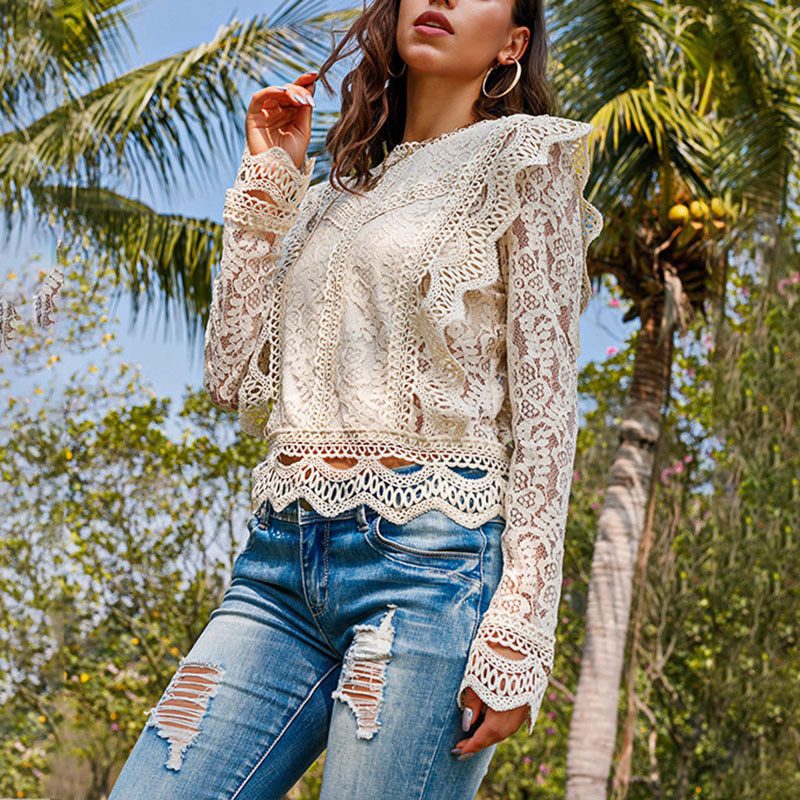White lace long sleeve hollow out vintage ruffle blouse shirt top