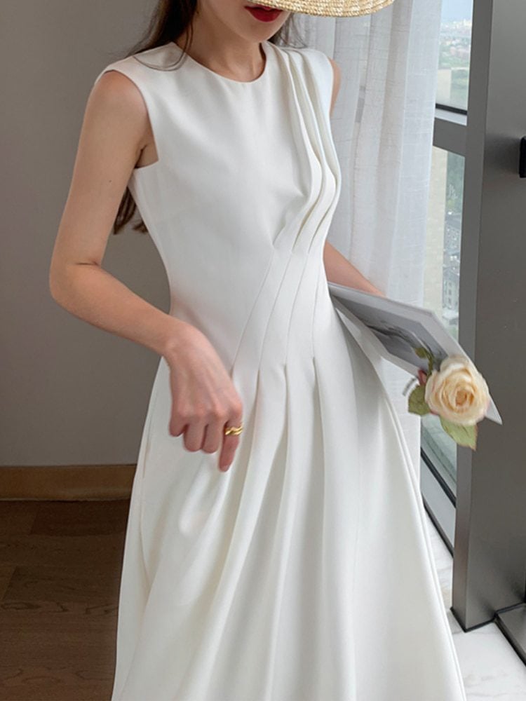 Sleeveless A-Line Vintage Midi White Dress - Dresses - Uniqistic.com
