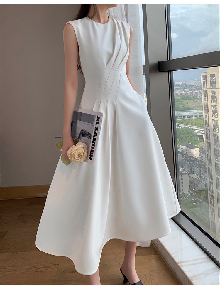 Sleeveless A-Line Vintage Midi White Dress - Dresses - Uniqistic.com