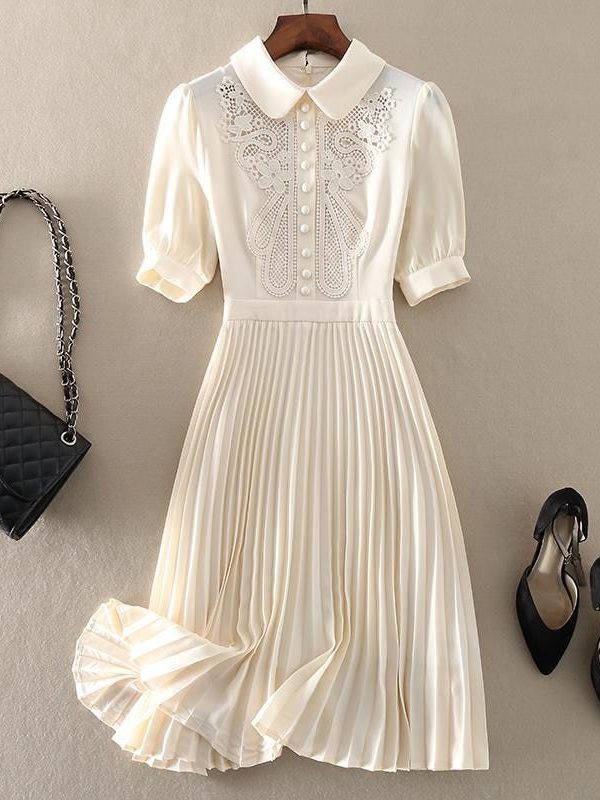 Vintage Short Sleeve Embroidered Pleated A-Line Midi Dress - Dresses - Uniqistic.com