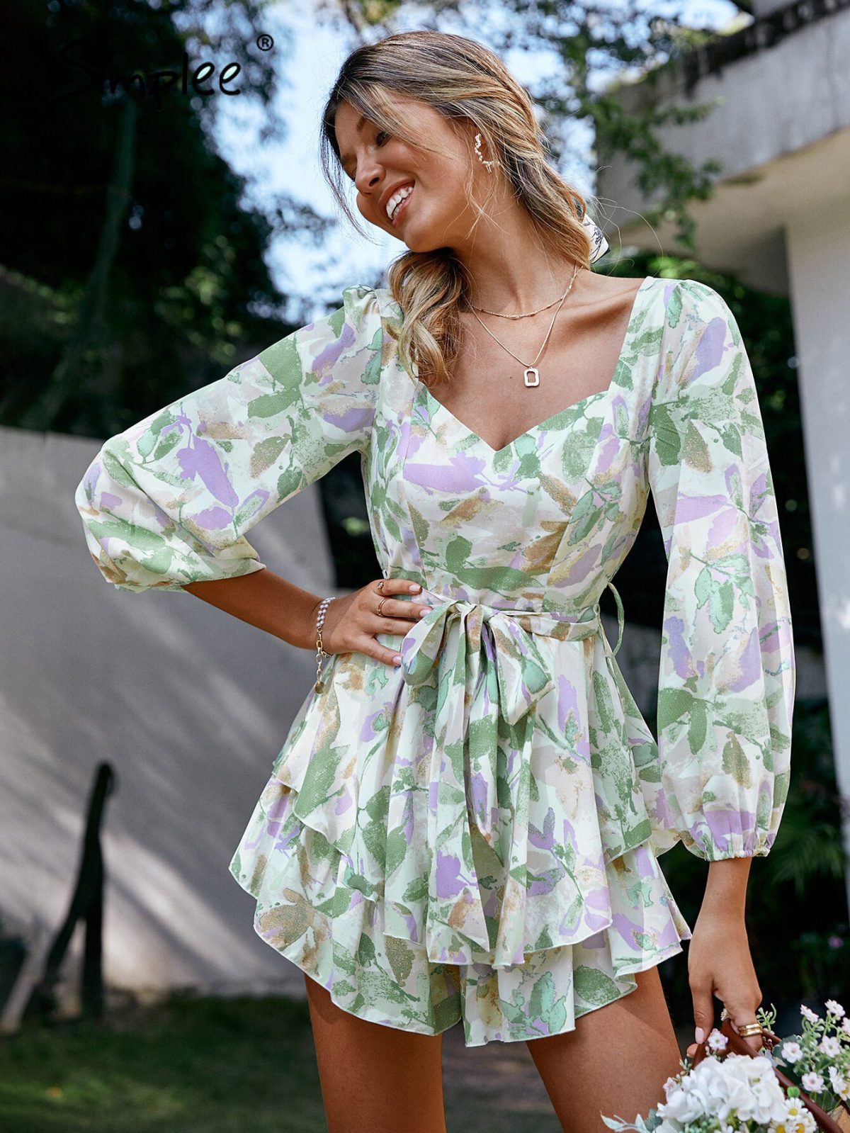 Sash Long Sleeve Ruffle Print Lace Up Floral A-Line V-Neck Romper Jumpsuit in Jumpsuits & Rompers