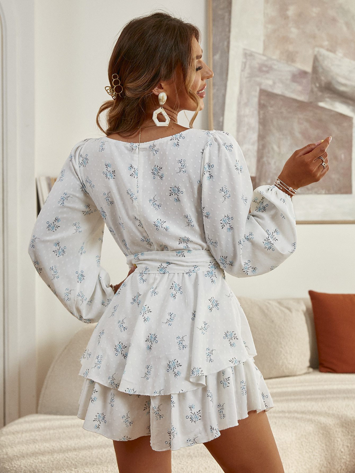 Sash Long Sleeve Ruffle Print Lace Up Floral A-Line V-Neck Romper Jumpsuit in Jumpsuits & Rompers