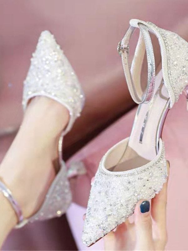 Bling shiny ankle strap crystal pointed toe thin heel wedding party shoes