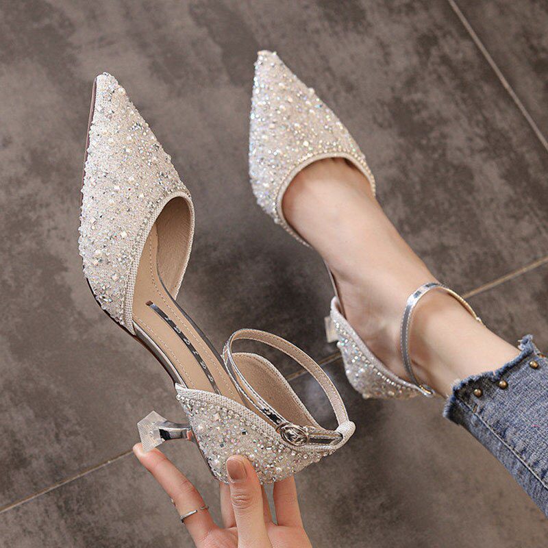 Bling Shiny Ankle Strap Crystal Pointed Toe Thin Heel Wedding Party Shoes in Women's Pumps