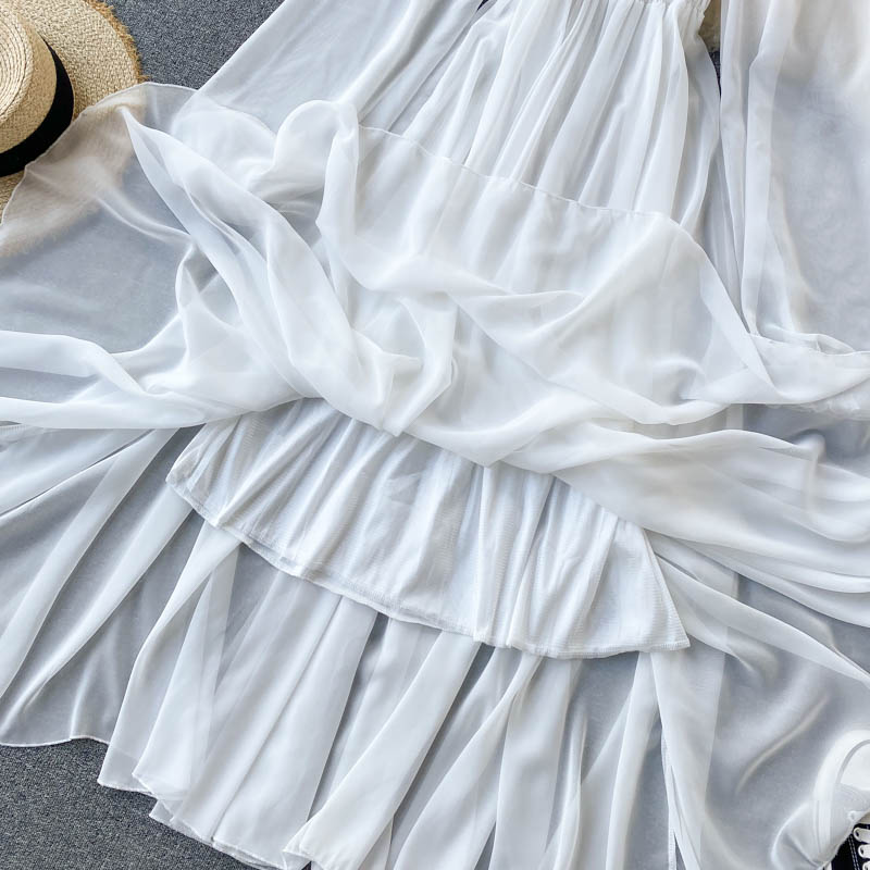 Puff Sleeve Slash Neck Off Shoulder White Chiffon Dress in Dresses