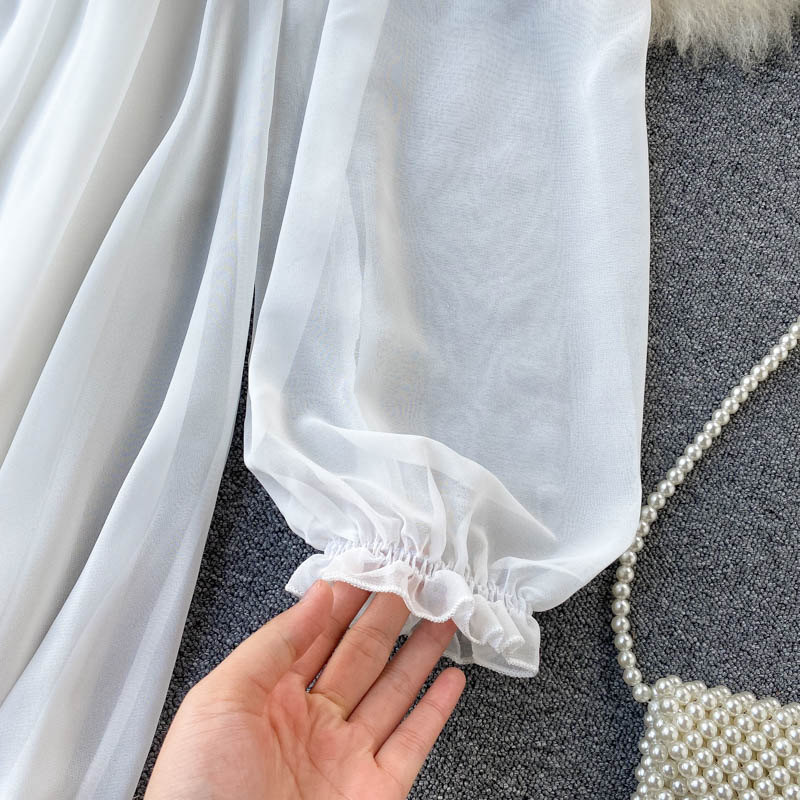 Puff Sleeve Slash Neck Off Shoulder White Chiffon Dress - Dresses - Uniqistic.com
