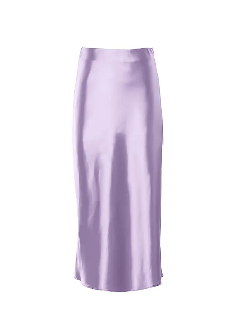 Purple Satin High Waisted Office Midi Skirt in Skirts