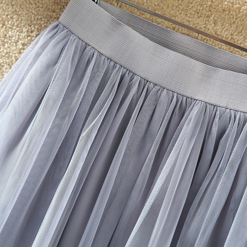 Vintage Elastic High Waist Mesh Long Pleated Tulle Skirt in Skirts