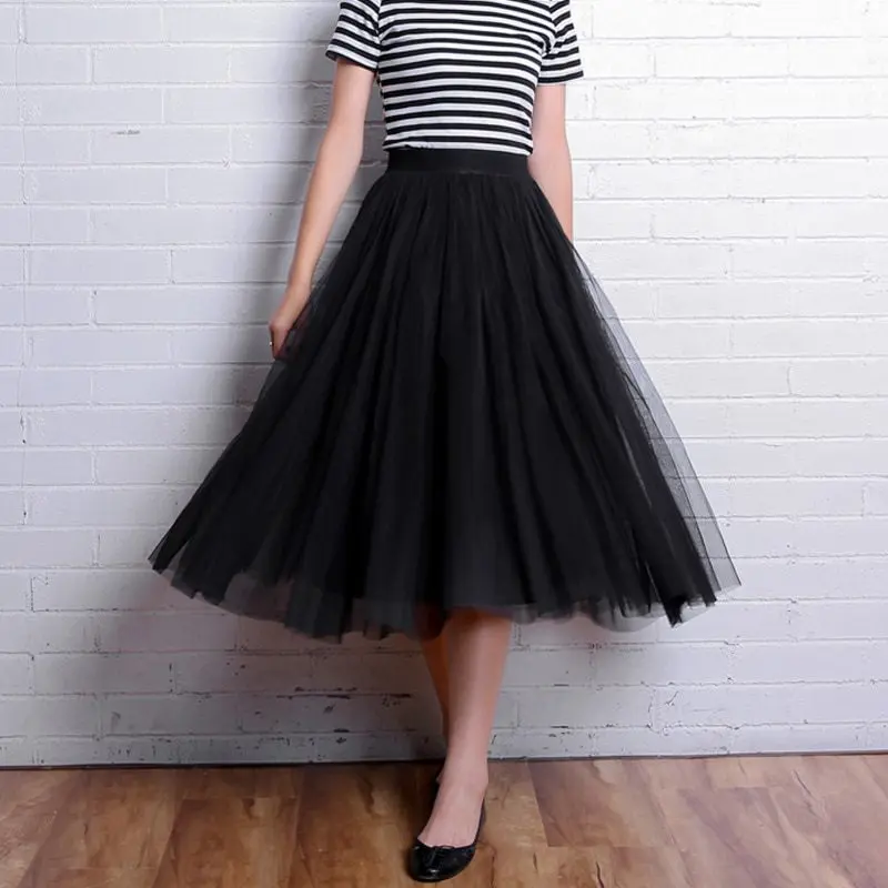 Vintage Elastic High Waist Mesh Long Pleated Tulle Skirt in Skirts