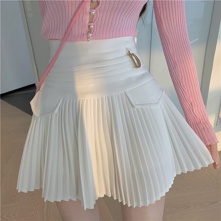 White Pleated High Waist Mini A-Line Skirt in Skirts