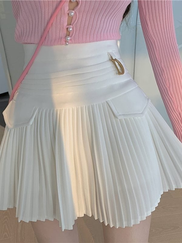 White pleated high waist mini a-line skirt