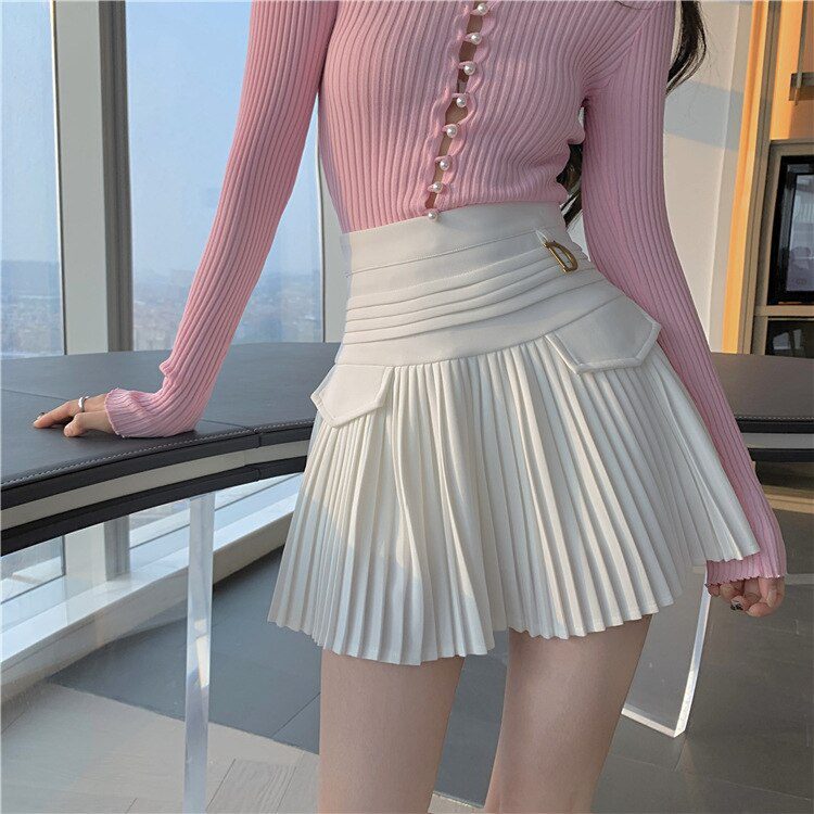 White Pleated High Waist Mini A-Line Skirt in Skirts