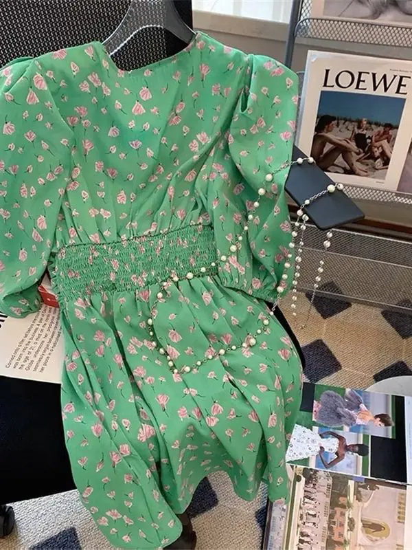Floral print short puff sleeve loose green boho mini dress