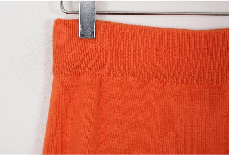 Orange Knitted Elastic Waist Split Pencil Skirt in Skirts