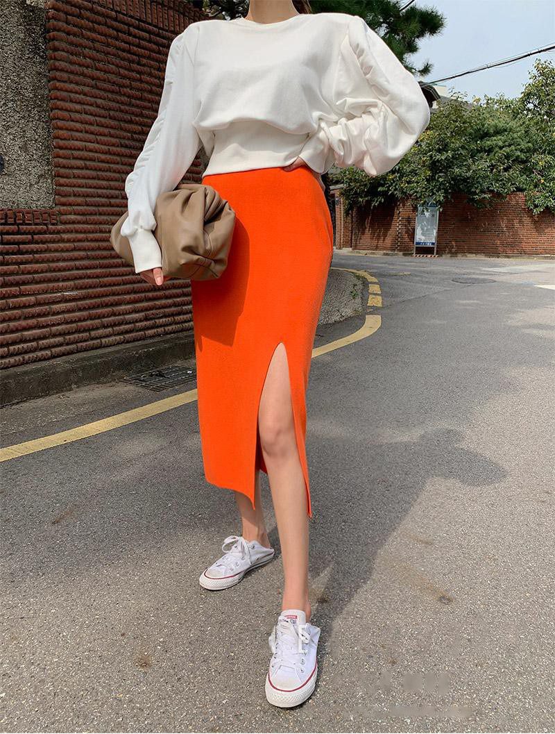Orange Knitted Elastic Waist Split Pencil Skirt in Skirts