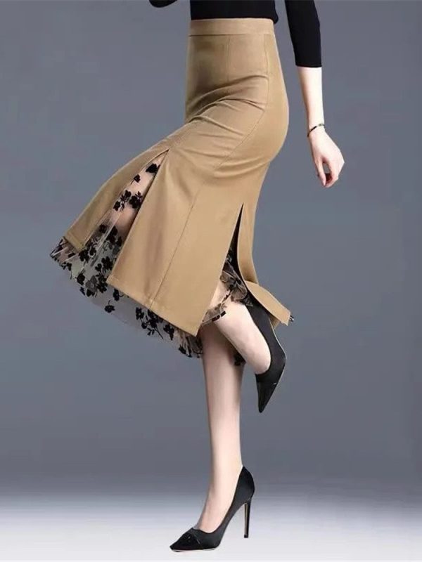 Irregular Mesh High Waist Khaki Split Office Lady Skirt - Skirts - Uniqistic.com
