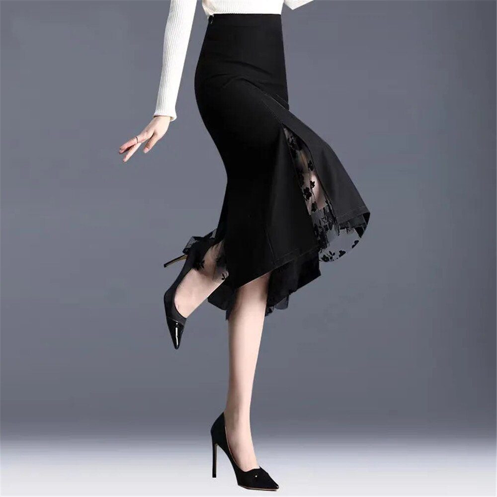 Irregular Mesh High Waist Khaki Split Office Lady Skirt | Uniqistic.com
