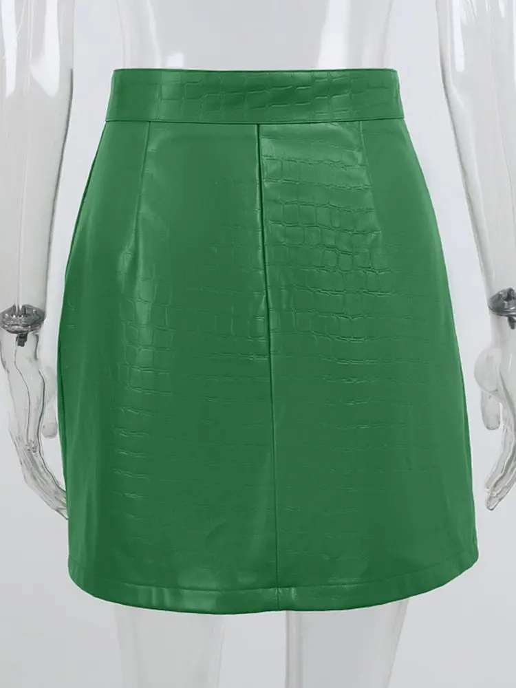 Green Leather Pattern High Waist Split A-Line Mini Skirt in Skirts