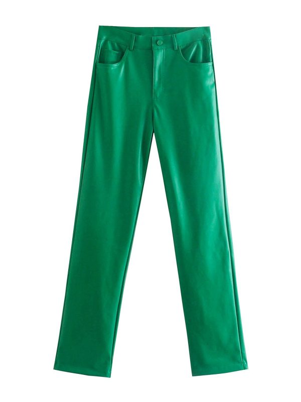 Green pu leather zipper pants