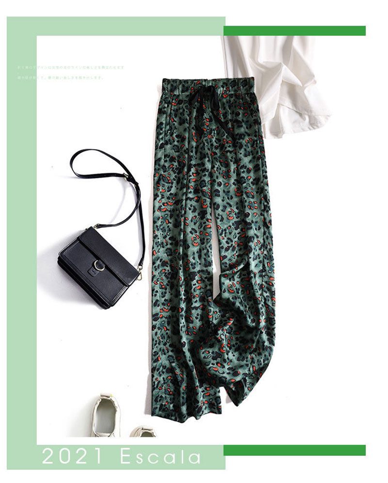 Green Leopard Printing Dyeing Draped Wide-Leg Pants in Pants