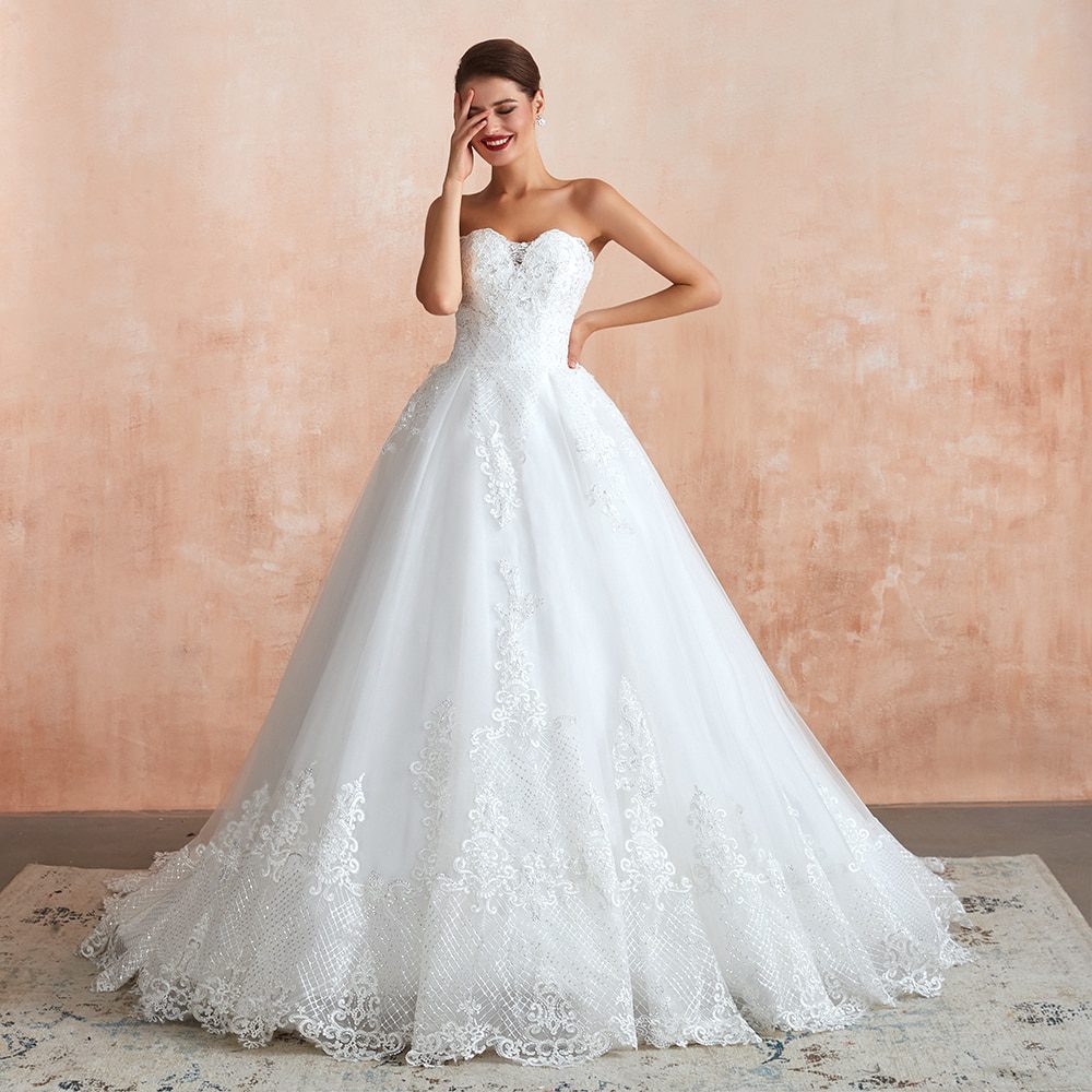 Sweetheart tulle appliques sparkle lace wedding dress