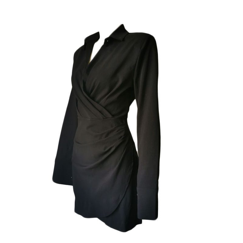 Black Padded Shoulder Shirt Dress in Dresses