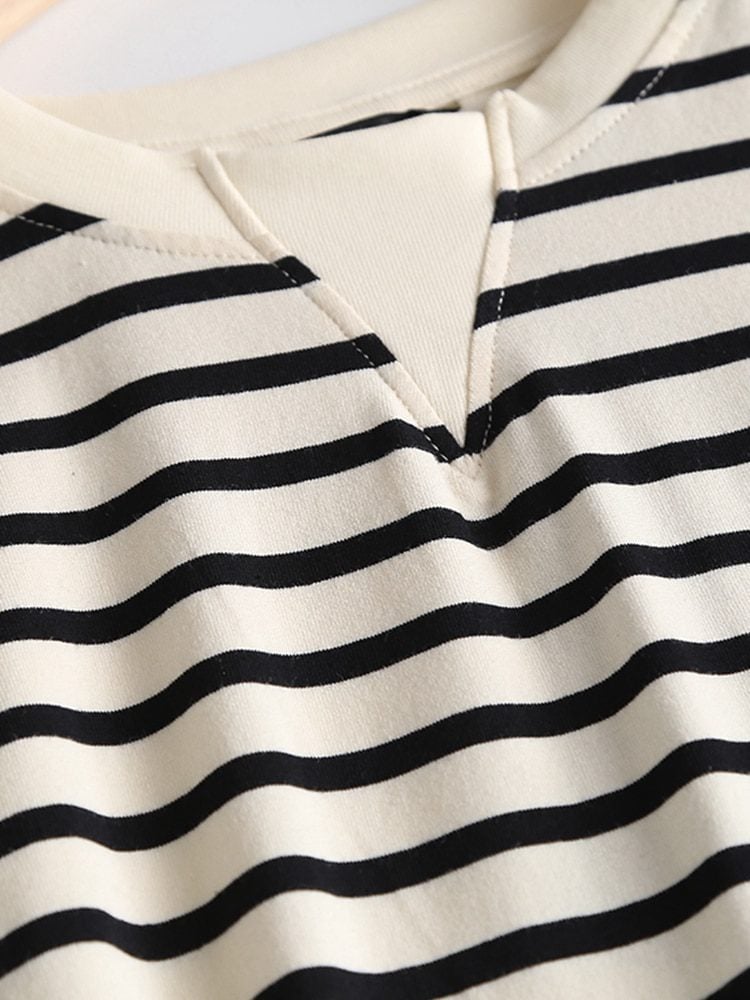 Striped Print Cotton Side Pocket Short Sleeve Midi Dress in Dresses