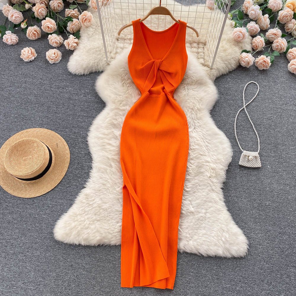 Hollow Out Twisted Back Sleeveless High Slit Knitted Mid-Calf Dress in Dresses