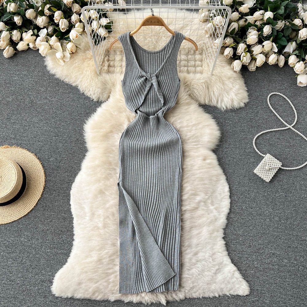 Hollow Out Twisted Back Sleeveless High Slit Knitted Mid-Calf Dress in Dresses