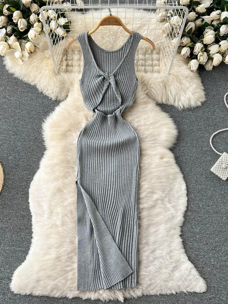 Hollow out twisted back sleeveless high slit knitted mid-calf dress