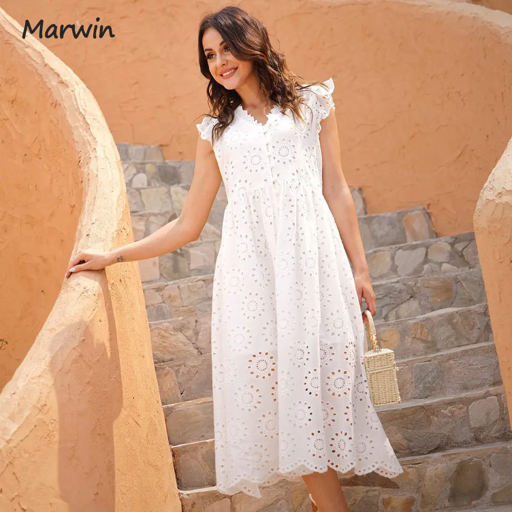Hollow Out Pure Cotton High Waist Mid-Calf Dress in Dresses