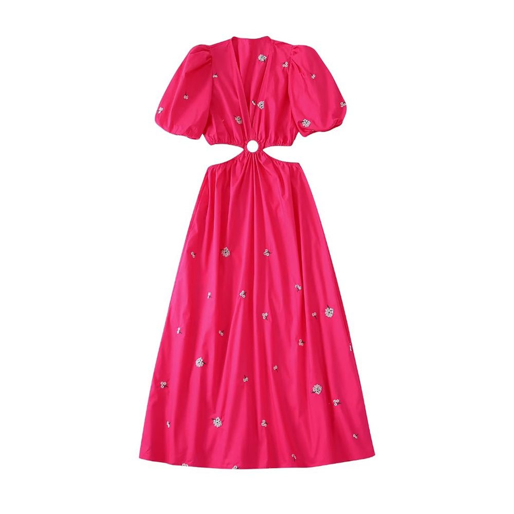 Vintage Puff Sleeve Backless Floral Embroidery Hollow Out Midi Dress in Dresses