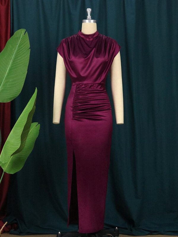 Elegant Slit High Collar Sleeveless Maxi Dress in Dresses