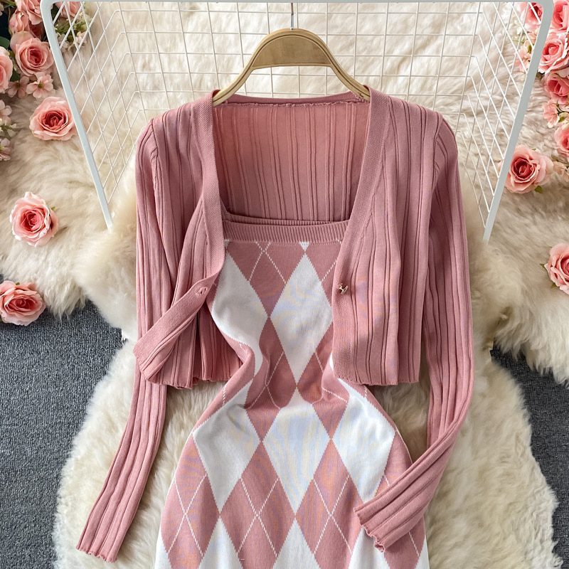 Long Sleeve Cardigan + Spaghetti Strap Plaid Dress Knitted Two Piece Set in Dresses