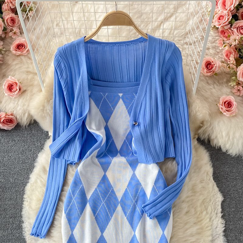 Long Sleeve Cardigan + Spaghetti Strap Plaid Dress Knitted Two Piece Set in Dresses