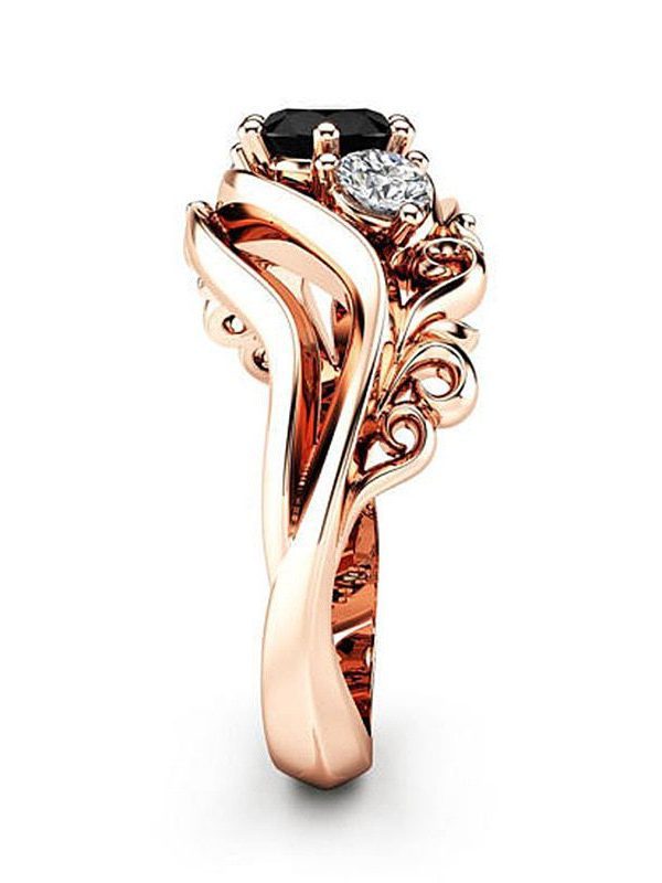 Unique Black Stone Prong Setting Twist Band Rose Gold Engagement Ring in Rings