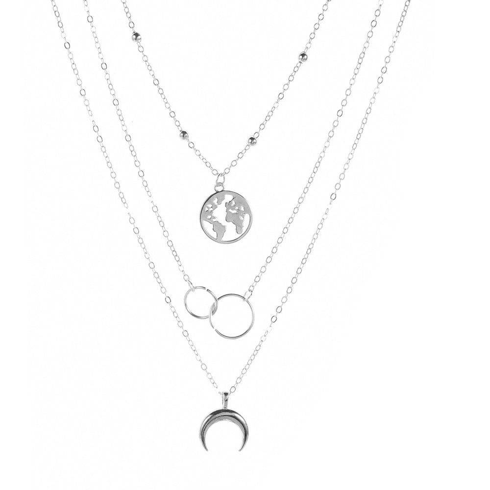 Retro Moon World Map Circle Pendant Multi Layer Gold Color Necklace in Necklaces